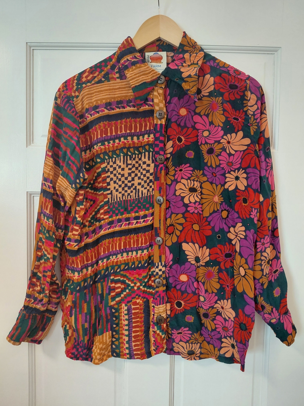 FARM Rio for Anthropologie Multicolor Floral & Geometric Patchwork Button-Up J
